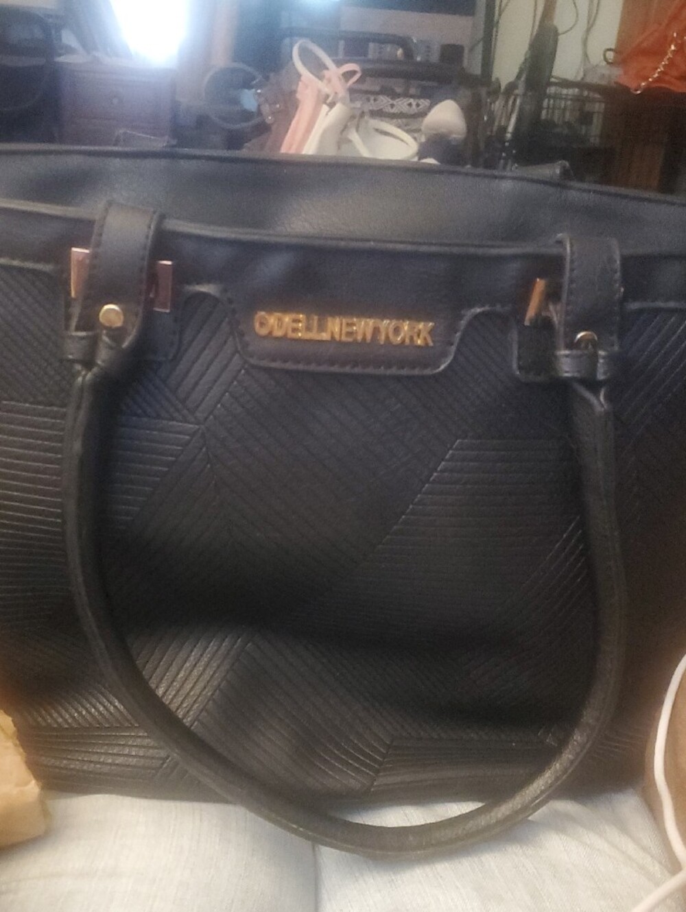 Black Textured Vinyl Tote with Gold Accents - Picture 4 of 12